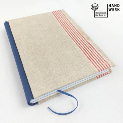 Notizbuch, A5, Vintage, Leinentuch, Mangeltuch, Rolltuch, 150 Blatt, rot blau beige, upcycling
