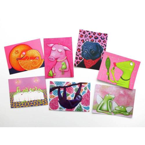 KUNZTPOSTKARTEN im 7er Set, 7 Postkarten, Kunstpostkarten, Kunstkarten, Tiermotive, Tier Postkarten, Faultier, Schwein, Engel, Mops, Frosch