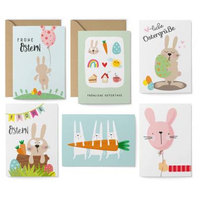 12er Postkarten Set - 8 Postkarten, 4 Klappkarten mit Umschlägen - Ostern Osterhase bunt