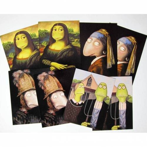8 KUNZTPOSTKARTEN im Klassiker-Set, Mona Lisa, Goldhelm, Perlenohrring, Grant Wood, Postkarten Kunstmotive, Kunstpostkarten, Frosch