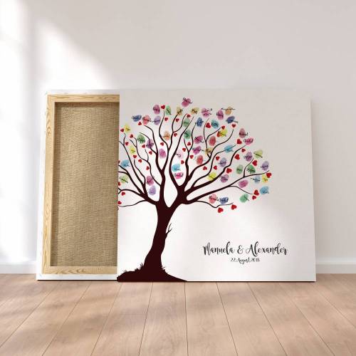 Gästebuch Hochzeit Fingerabdruck Leinwand Personalisiert Baum Herzen Brautpaar Geschenk Hochzeitsdekoration Namen 50x50 cm Keilrahmen
