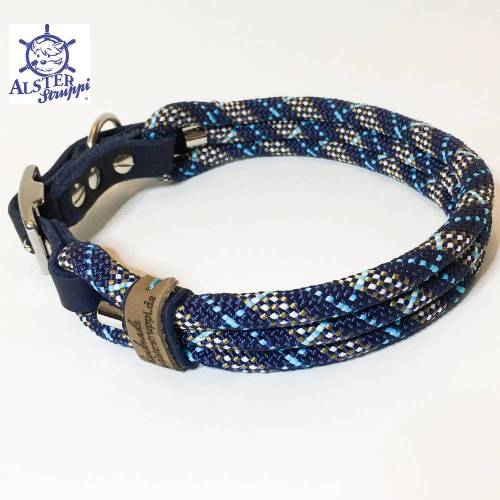 Hundehalsband verstellbar blau türkis braun weiß mit Leder und Schnalle