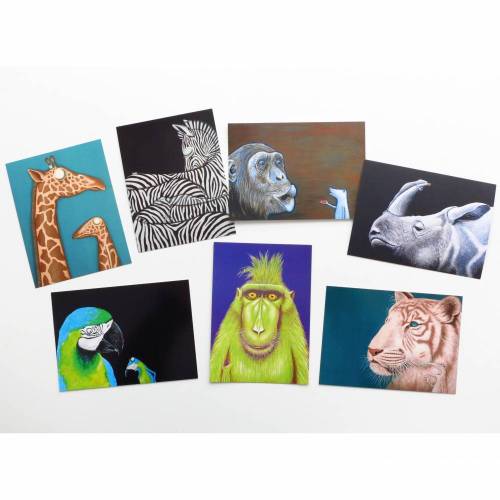 KUNZTPOSTKARTEN im 7er Set - 7 Postkarten, Kunstpostkarten, Postkarten, Glückwunschkarten, Zebra, Affe, Tiger, Ara, Papagei, Karten Tiere