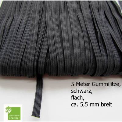 5 m Gummiband, schwarz, flach, 5 mm, Elastikband, Bastelmaterial