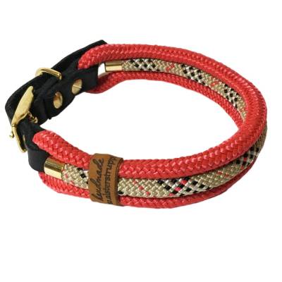 Hundehalsband verstellbar rot beige schwarz weiß mit Leder und Schnalle