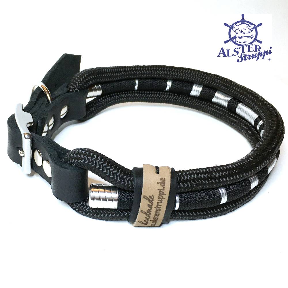 Edles Hundehalsband verstellbar schwarz silber Leder und Schnalle Edelstahl
