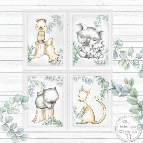 Kinderzimmer Poster (A3) Bilder (4er Set) Poster Australien Tiere Kinderbild |SET 60