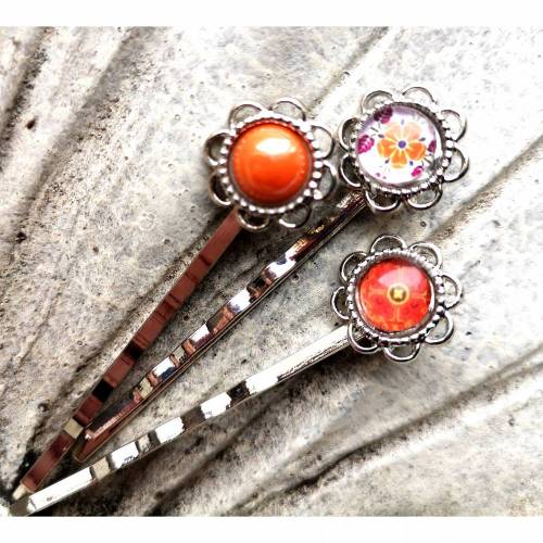 3 Haarklemmen, Haarspangen,  mit Cabochon, Glascabochons, silber, bunt