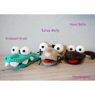 Häkelanleitungen für Handpuppen Krokodil Kroki, Katze Molly & Hund Bello !