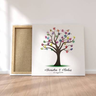 Gästebuch Hochzeit Fingerabdruck Leinwand personalisiert – Wedding Tree 50x50 cm Brautpaar Geschenk mit Namen & Datum