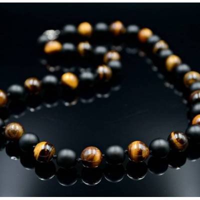 Herren Halskette aus Edelsteinen Tigerauge Onyx mit Knoten, Länge 46 cm