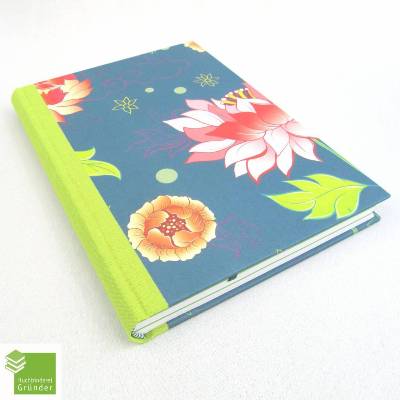 Notizbuch, Blumen, grün, blaugrau, DIN A5, 150 Blatt, handgefertigt