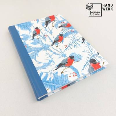 Notizbuch, DIN A5, Dompfaff, blau weiß rot, 100 Blatt, handgefertigt