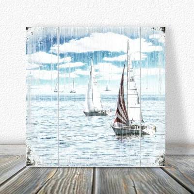 SEGELTÖRN maritimes Wandbild Segelboote auf Holz Leinwandbild Kunstdruck im Landhausstil Vintage Style Shabby Chic
