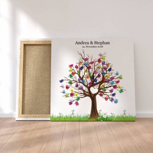 Gästebuch Hochzeit Fingerabdruck Leinwand Personalisiert Baum Herz Brautpaar Geschenk Hochzeitsdekoration Namen 50x50 cm Keilrahmen
