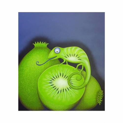 Kiwichamäleon, Kiwi Bild, Chamäleon Bild, Tierbild, witziges Bild, Stilleben, Chamäleon, Kiwi, Früchte Bild, Obst, Bilder, großes Bild