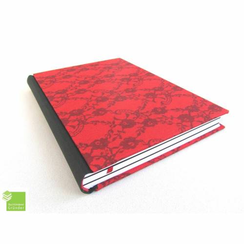 Notizbuch, Tagebuch, schwarz, rot, Motiv Spitze, 300 Seiten, fadengeheftet