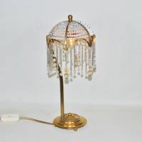 Kristall Tischleuchte Jugendstil 41 cm Glasstäbe Glasbehang Perlen Messing elegant vornehm vintage upcycling