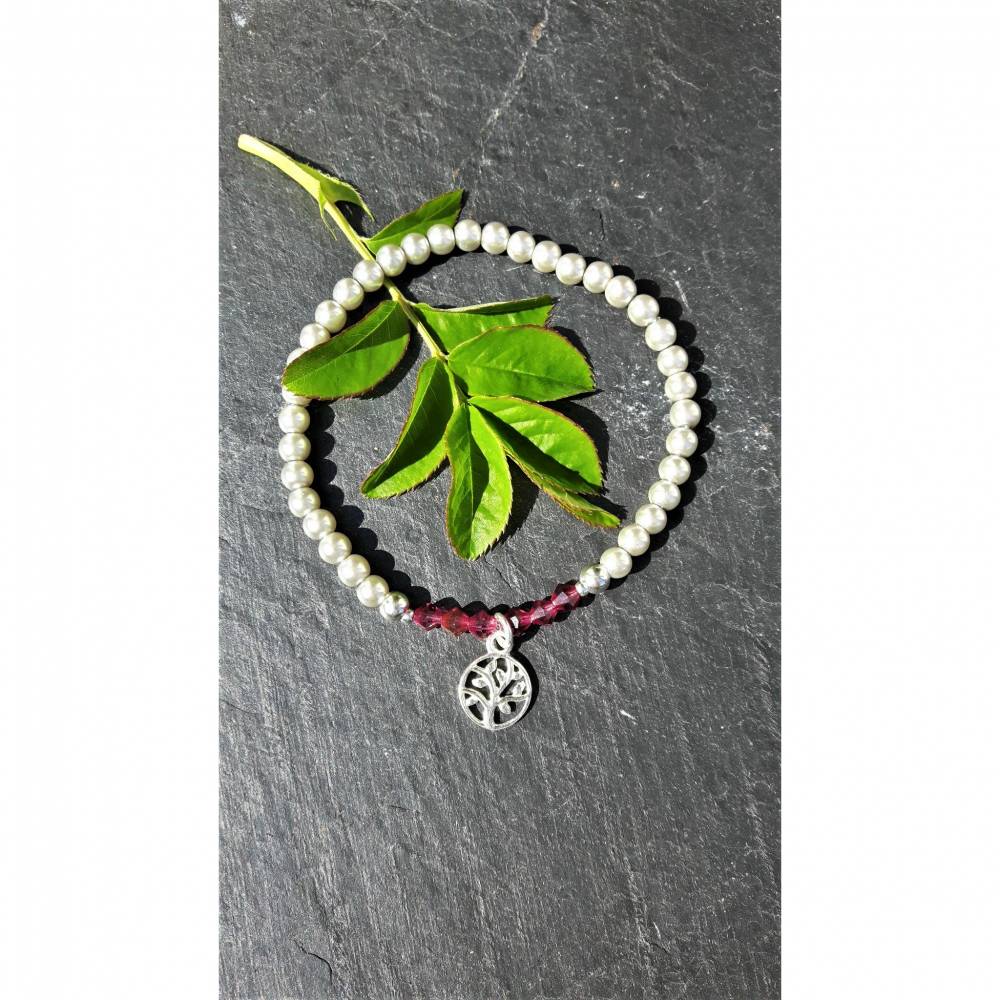 Perlenarmband hellgrau/fuchsia mit Baum des Lebens-Anhänger aus 925 Silber Bild 1