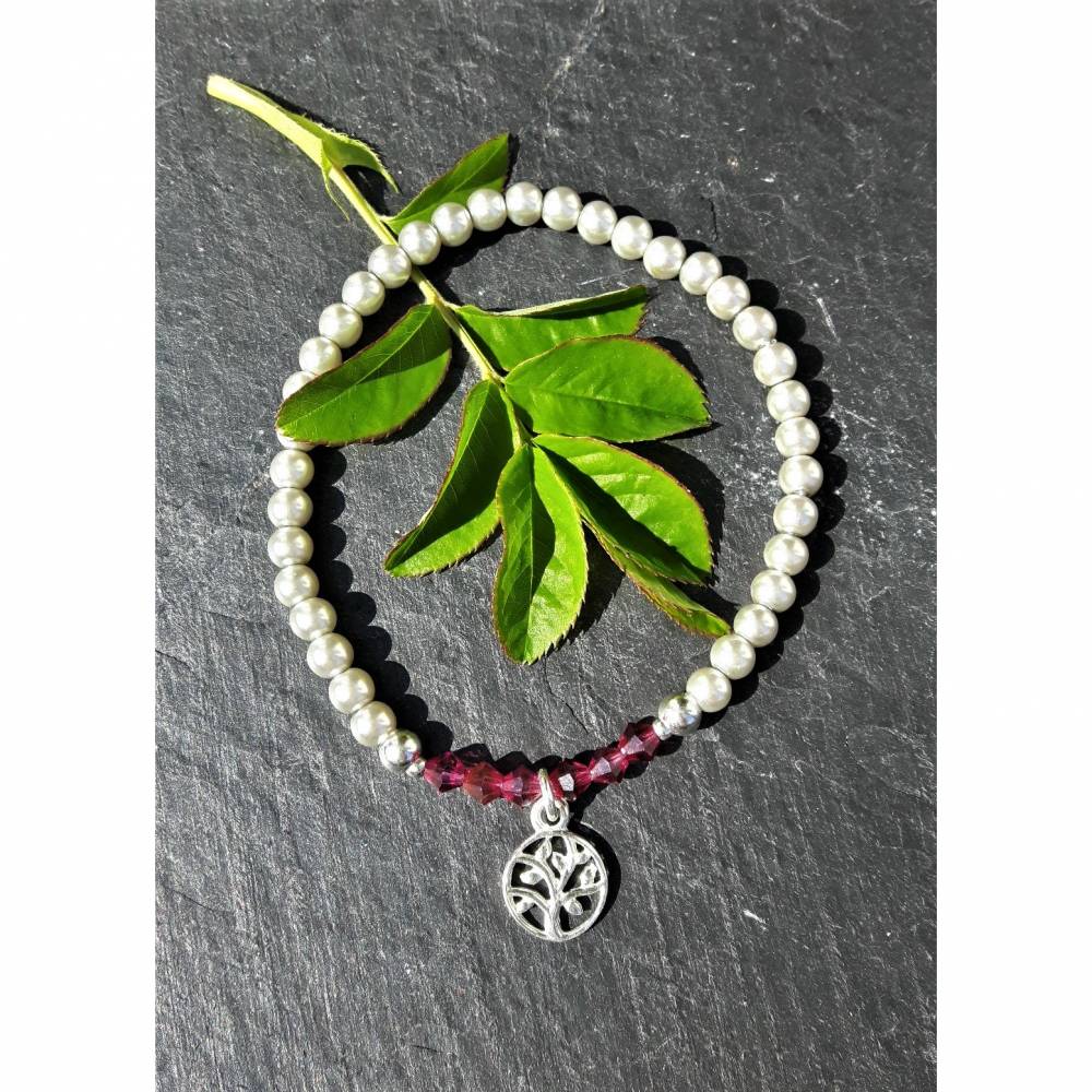 Perlenarmband hellgrau/fuchsia mit Baum des Lebens-Anhänger aus 925 Silber Bild 2