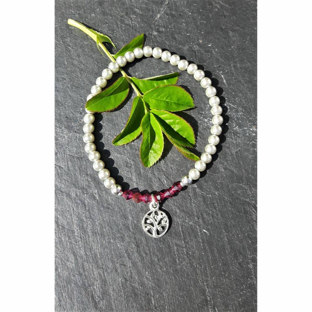 Perlenarmband hellgrau/fuchsia mit Baum des Lebens-Anhänger aus 925 Silber Bild 3