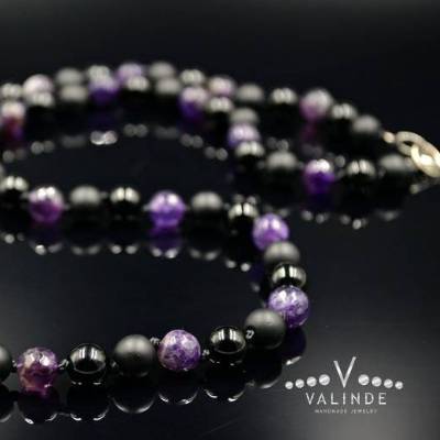 Herren Halskette aus Edelsteinen Amethyst Onyx und Achat, Geschenk für Mann, Länge 61 cm