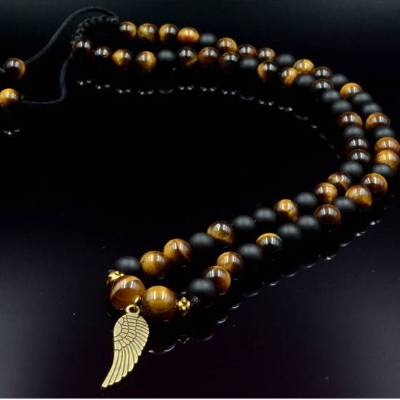 Herren Halskette aus Edelsteinen Onyx und Tigerauge mit Knotenverschluss, Länge 51 cm