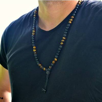 Herren Halskette aus Edelsteinen Tigerauge Onyx Achat Lava Tigerauge und Zirkonia mit Knotenverschluss, Länge 70 cm