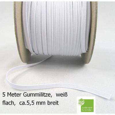 5 m Gummiband, weiß, flach, 5 mm, Elastikband, Bastelmaterial