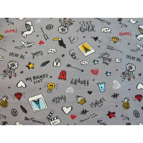 12,80 EUR/m Jersey Baumwolle Fantome / Wörter / Bilder Baumwolljersey / Smile, happy, dreams