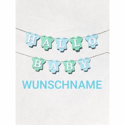 Girlande zur Geburt Hallo Baby in hellblau und mintgrün auf Wunsch personalisiert mit Namen Babyparty Babyshower Dekoration aus Papier