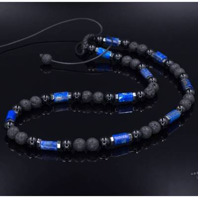 Herren Halskette aus Edelsteinen Lapislazuli Achat Lavastein und Hämatit mit Knotenverschluss, Länge 51 cm