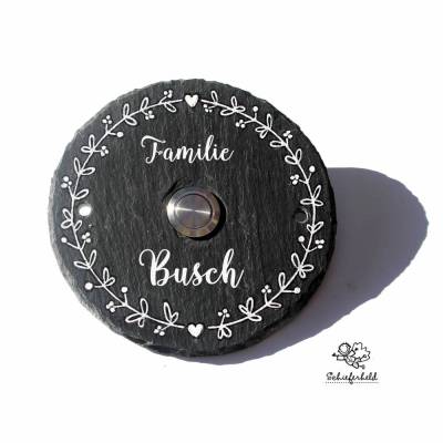 Klingelschild Schiefer, Klingelplatte Ranke rund schlicht edel schwarz weiß, Familienschild Klingeltaster integriert