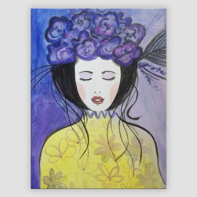Blumenmädchen lila handgemalt - Einzelstück, 40x30cm
