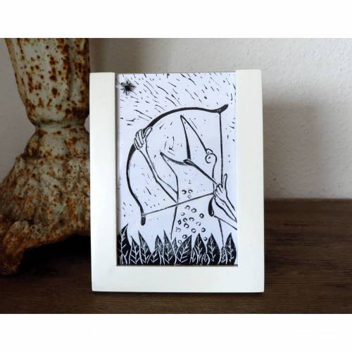 Robin Frog, Linoldruck, Robin hood, Linolschnitt, handgeschnitzt, handgedruckt, Wohnzimmer, Geschenk, Froschbild, Fliege, witziges Bild