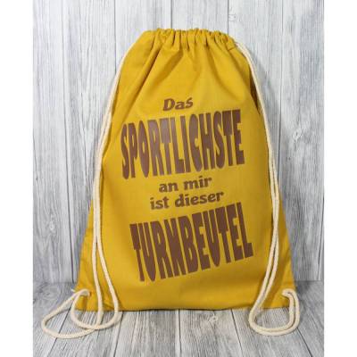 Witziger Turnbeutel Plott ' Das Sportlichste an mir ist dieser Turnbeutel' Senfgelb Rucksack Tasche Beutel