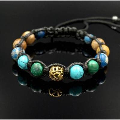 Herren Armband aus Edelsteinen Türkis Malachit Jaspis und Hämatit mit Knotenverschluss, Makramee Armband, 10 mm
