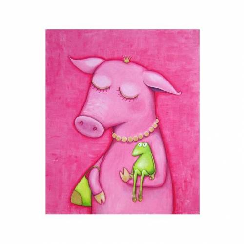 Schoßfrosch - Leinwanddruck - Frosch, Frosch Bild, Schwein, Schweinebild, Bild pink, Mädchenzimmer, witziges Bild, lustiges Bild, Froschbild