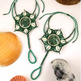 Makramee Barfuß-Sandalen mit Amazonit, Kauri-Muscheln und Edelstahl