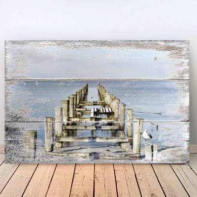MEERBLICK Maritimes Bild auf Holz Leinwand Kunstdruck Wanddeko Landhausstil Vintage Style Shabby Chic günstig kaufen