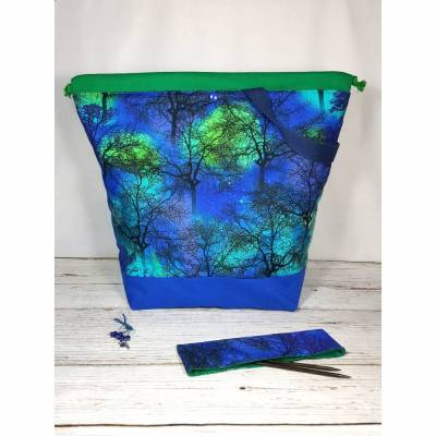 Projektbeutel "Nordlicht" blau und grün, Projekttasche mit Zugband