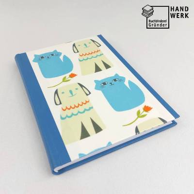 Notizbuch, Hund Katze, 100 Blatt, fadengeheftet, handgefertigt, DIN A5, blau