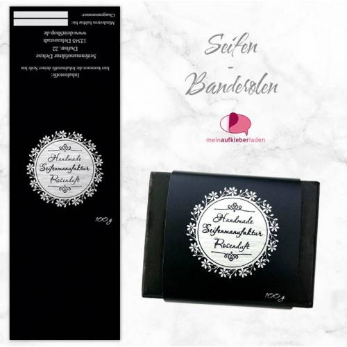 8 Seifenbanderolen: Blumenornament schwarz silber - personalisierbar | mit transparente Klebepunkte