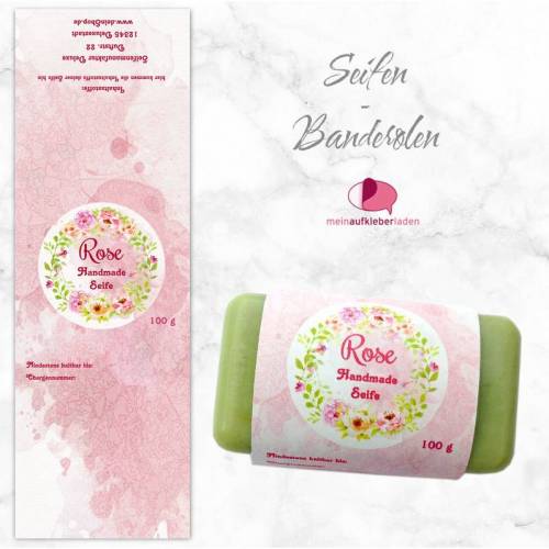 8 Seifenbanderolen: Blumenkranz Rosen - personalisierbar | mit transparente Klebepunkte