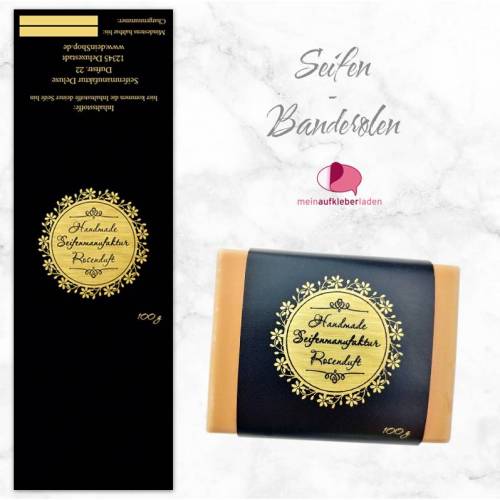 8 Seifenbanderolen: Blumenornament schwarz gold - personalisierbar | mit transparente Klebepunkte