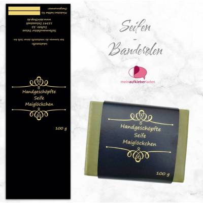 8 Seifenbanderolen: Ornament 1 schwarz gold - personalisierbar | mit transparente Klebepunkte