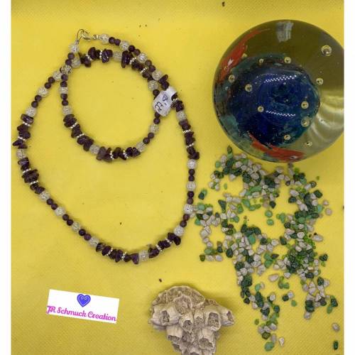 Edelsteinkette aus Bergkristall, Amethyst Perlen und Splitter 