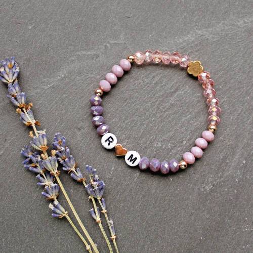 Initialen Armband • Blume & Herz | Perlenarmband | Armschmuck | Geschenke für Frauen | Freundin | Partner | Schwester | Mama
