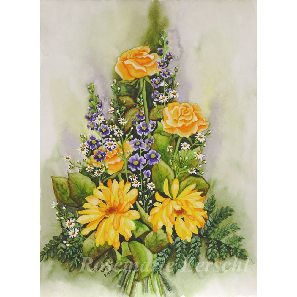 Kunst Aquarellbild Blumenstrauß handgemalt Unikat 36 x 48 cm Hochformat