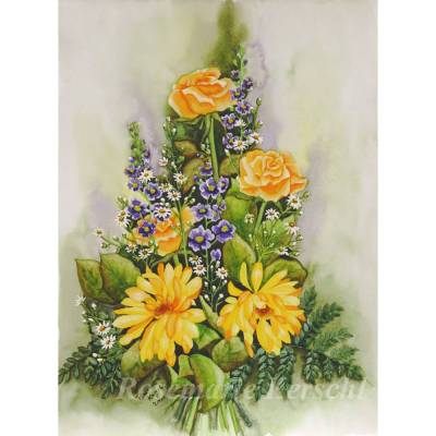 Kunst Aquarellbild Blumenstrauß handgemalt Unikat 36 x 48 cm Hochformat